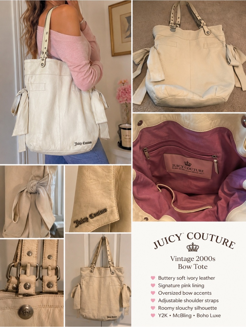 Vintage Juicy Couture Ivory Leather Bow Tote Purse Y2K McBling Rare $378 Retail